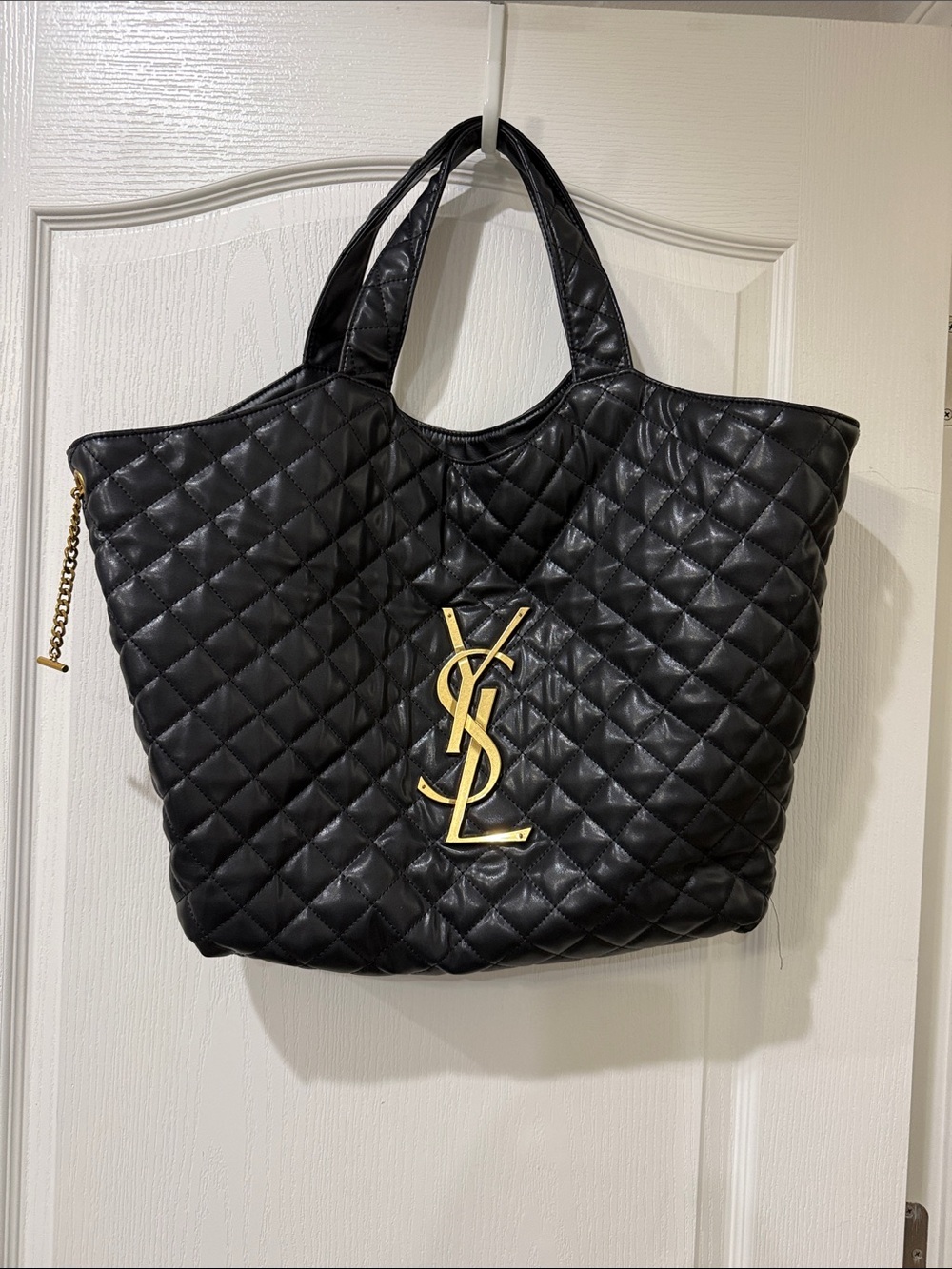 Saint Laurent Black Quilted Leather Tote with Gold YSL Emblem